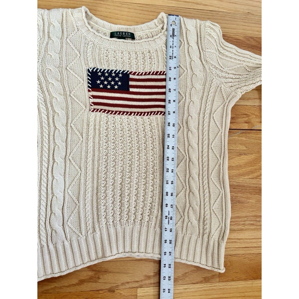 Vtg Ralph Lauren American Flag Aran Cable Knit Sweater 100% Cotton Cream Size M - Picture 10 of 11